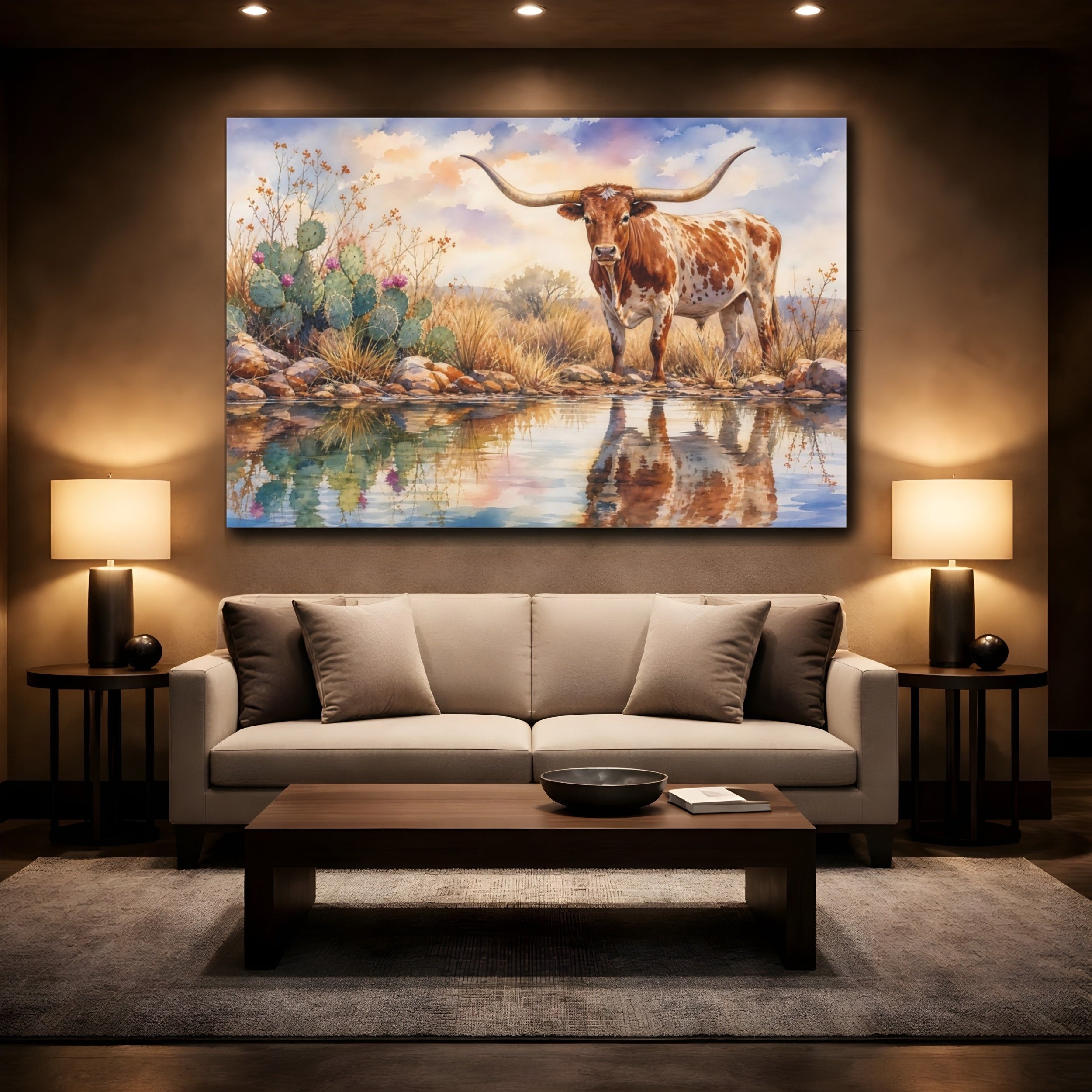 Mockup 2. Animals Longhorn Longhorn Watercolor shown as canvas print