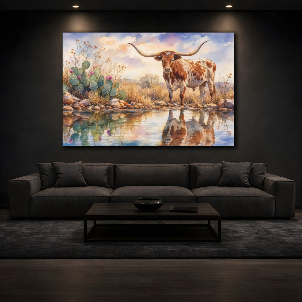 Mockup 3. Animals Longhorn Longhorn Watercolor shown as canvas print