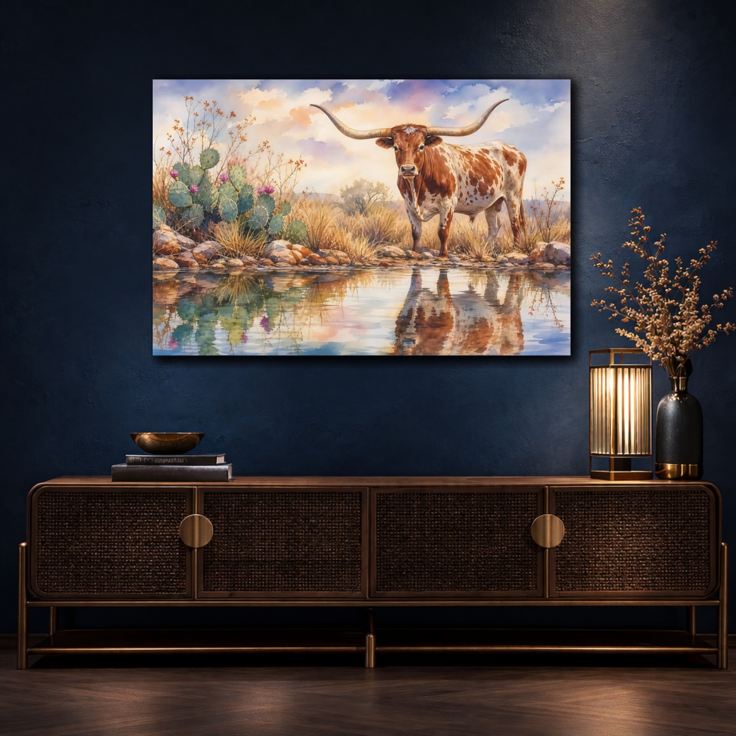 Mockup 4. Animals Longhorn Longhorn Watercolor shown as canvas print
