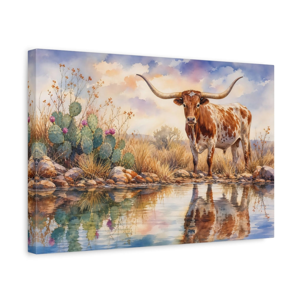 Side Mockup 4. Animals Longhorn Longhorn Watercolor shown as canvas print