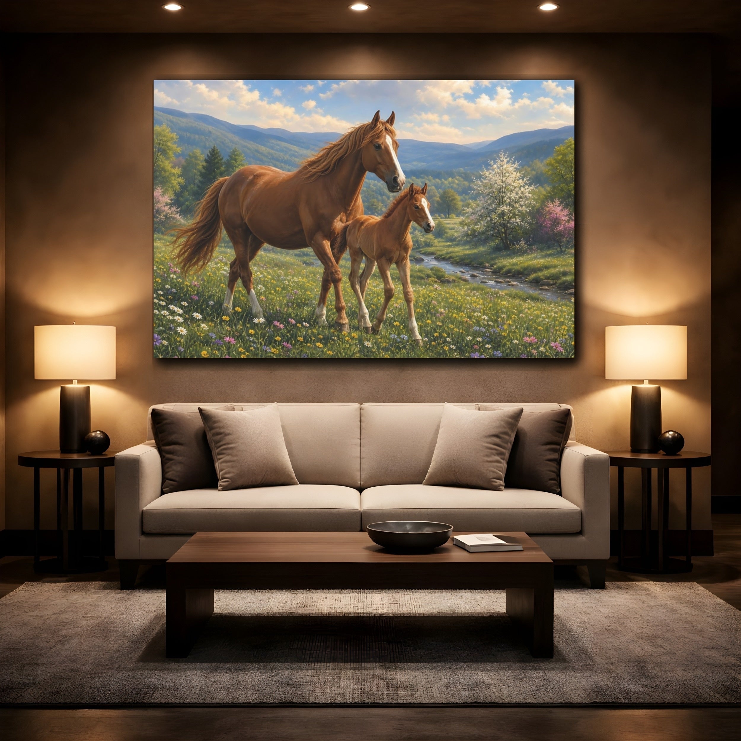 Mockup 2. Animals Mare And Foal Brown And Green shown as stretched canvas wall art