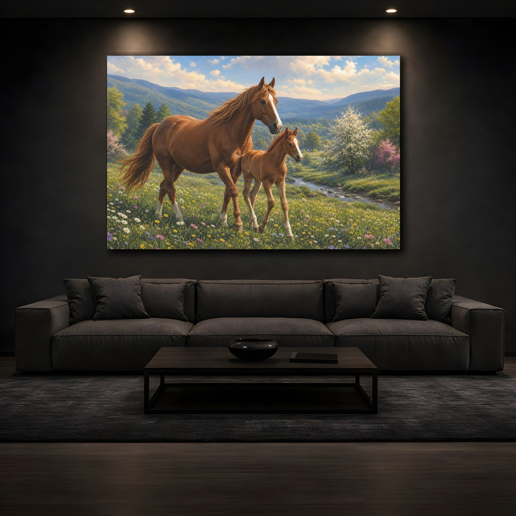 Mockup 3. Animals Mare And Foal Brown And Green shown as stretched canvas wall art