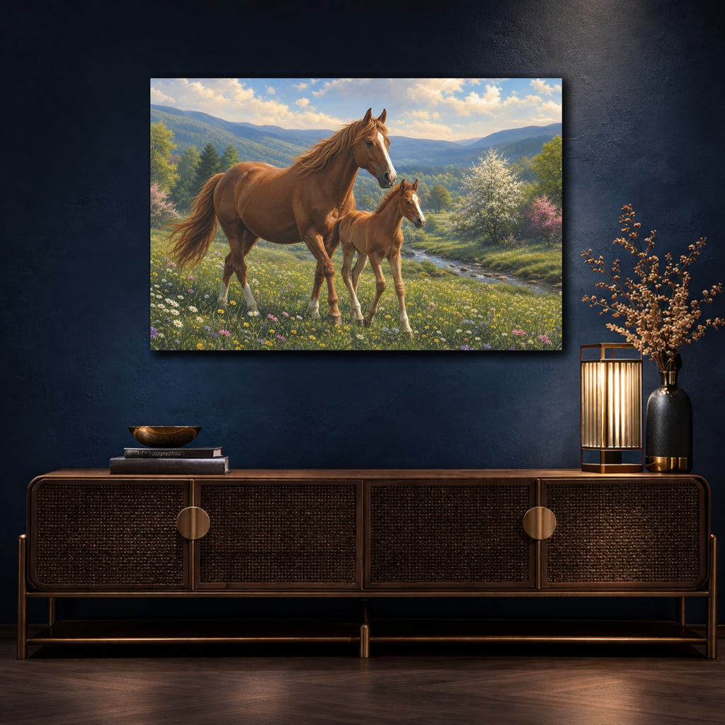 Mockup 4. Animals Mare And Foal Brown And Green shown as stretched canvas wall art