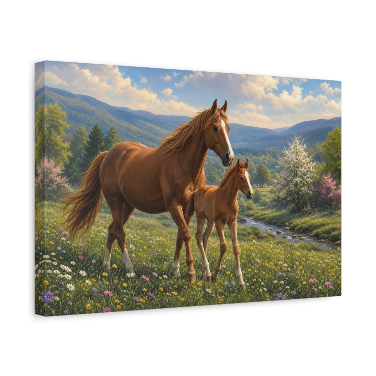 Side Mockup 4. Animals Mare And Foal Brown And Green shown as stretched canvas wall art
