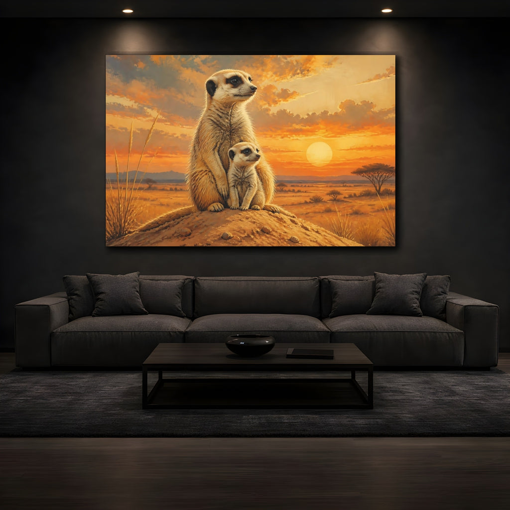 Mockup 3. Animals Meerkats Orange Sunset Meerkats shown as stretched canvas wall art