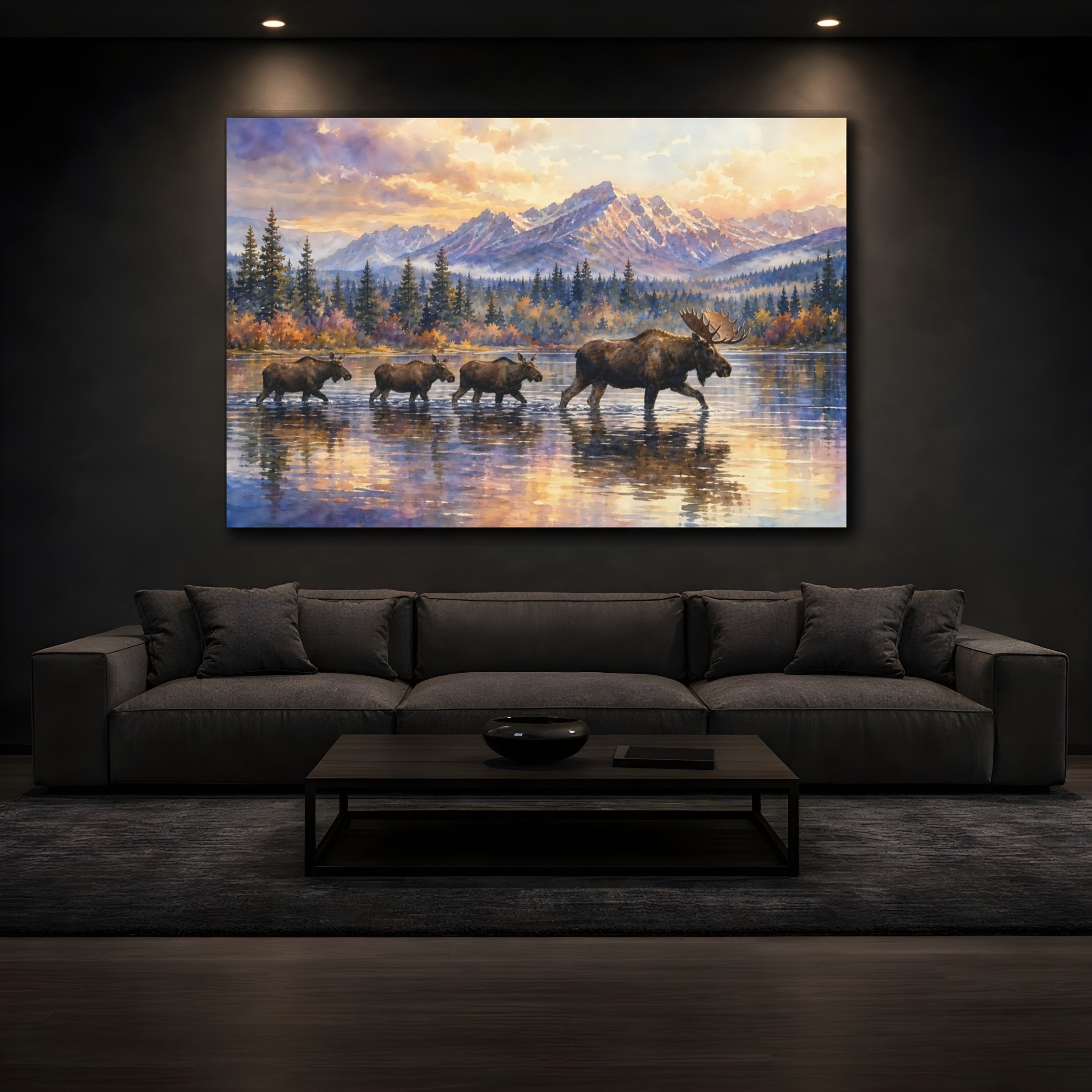 Mockup 3. Animals Moose Moose Sunset shown as canvas print