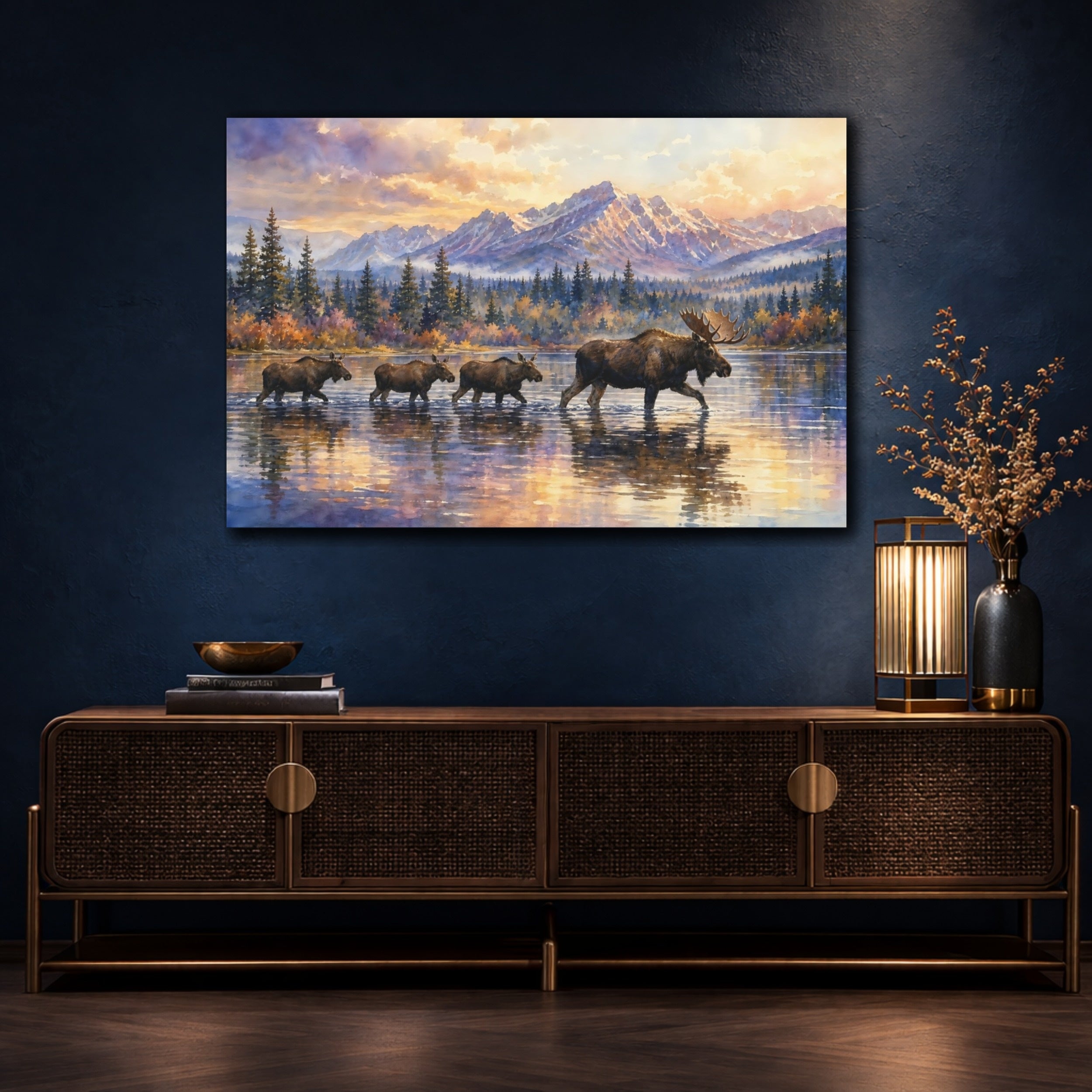 Mockup 4. Animals Moose Moose Sunset shown as canvas print
