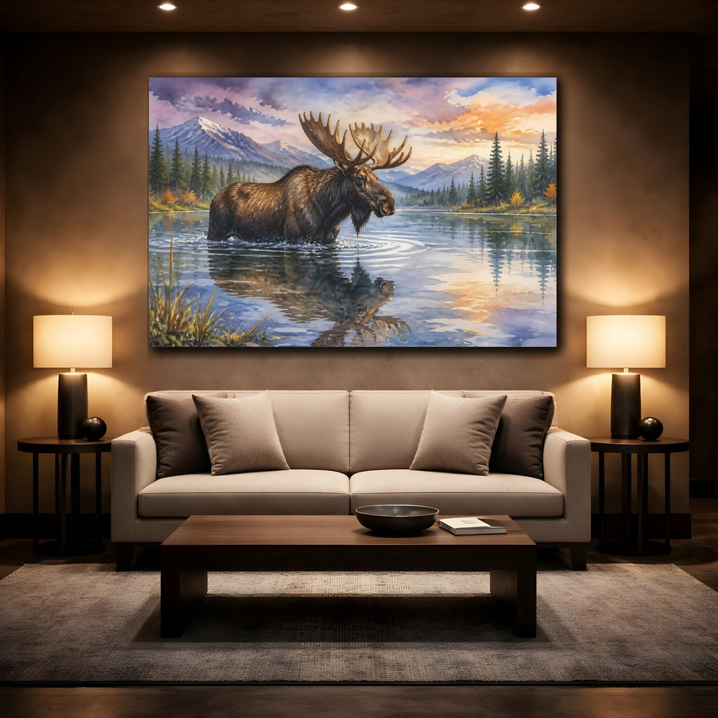 Mockup 2. Animals Moose Moose Wildlife Sunset shown as canvas print