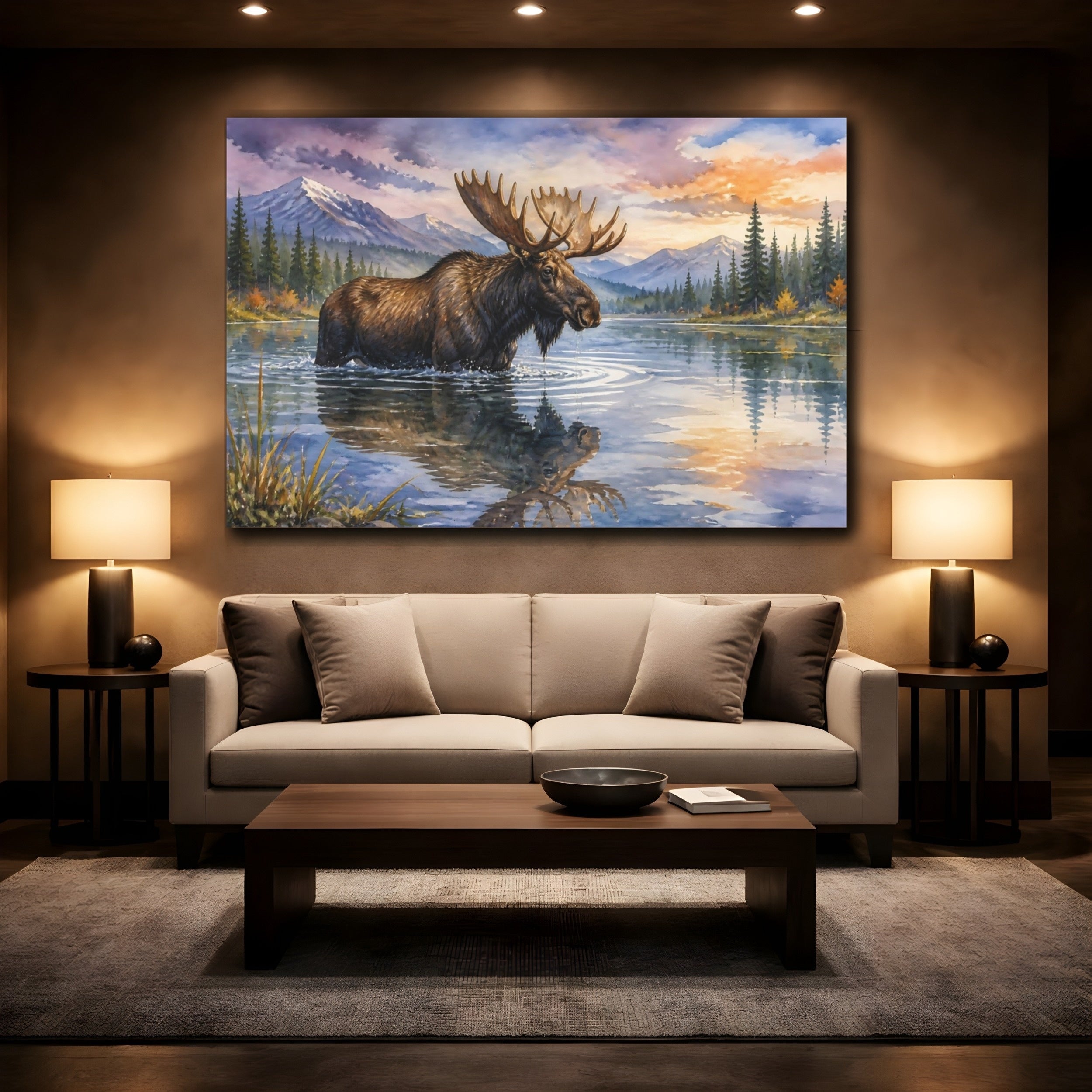 Mockup 2. Animals Moose Moose Wildlife Sunset shown as canvas print
