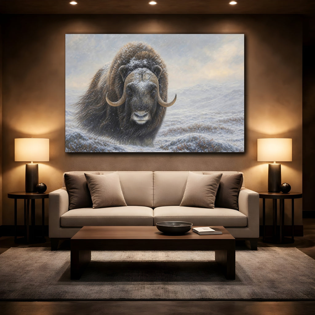 Mockup 2. Animals Musk Ox Brown Winter Animal shown as stretched canvas wall art