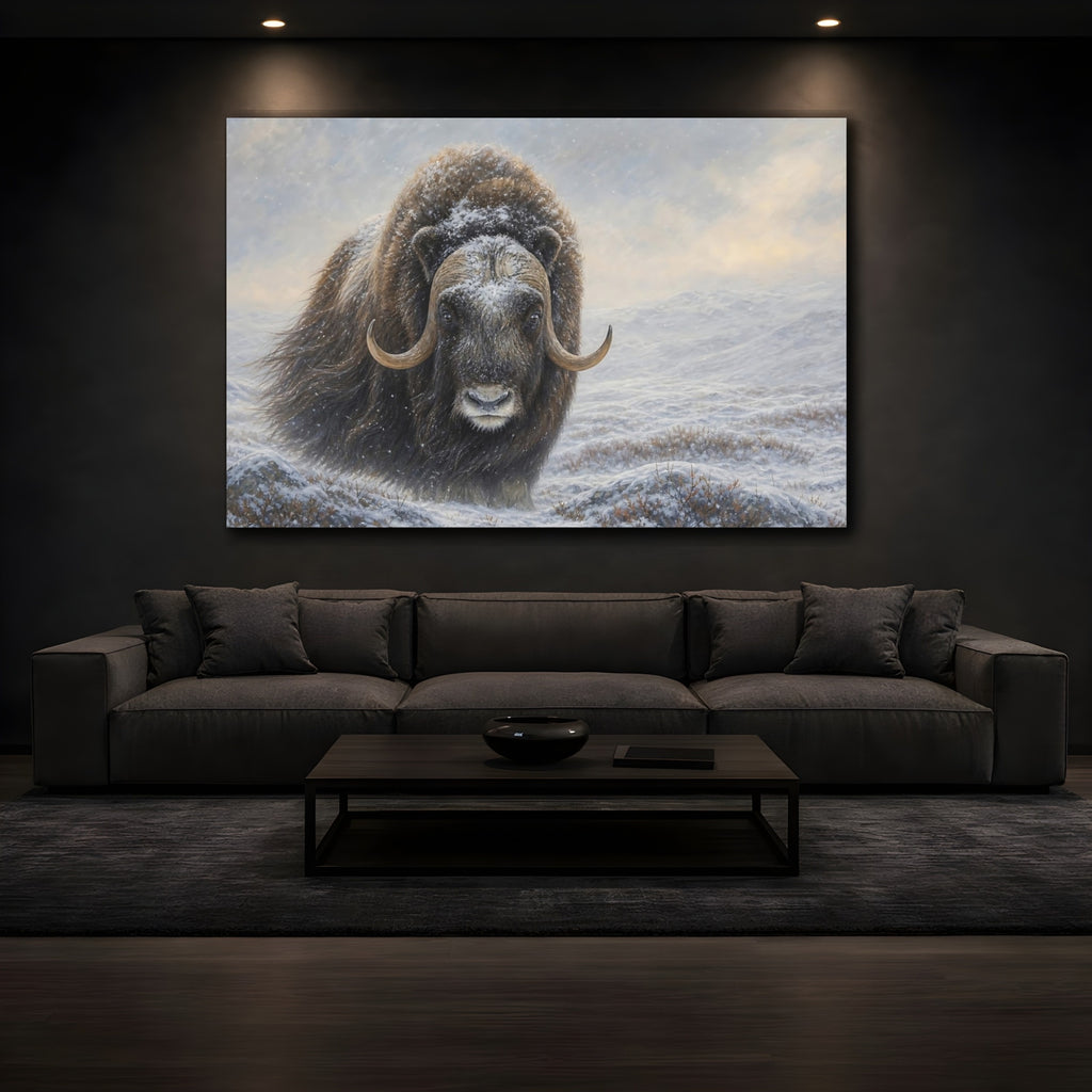 Mockup 3. Animals Musk Ox Brown Winter Animal shown as stretched canvas wall art