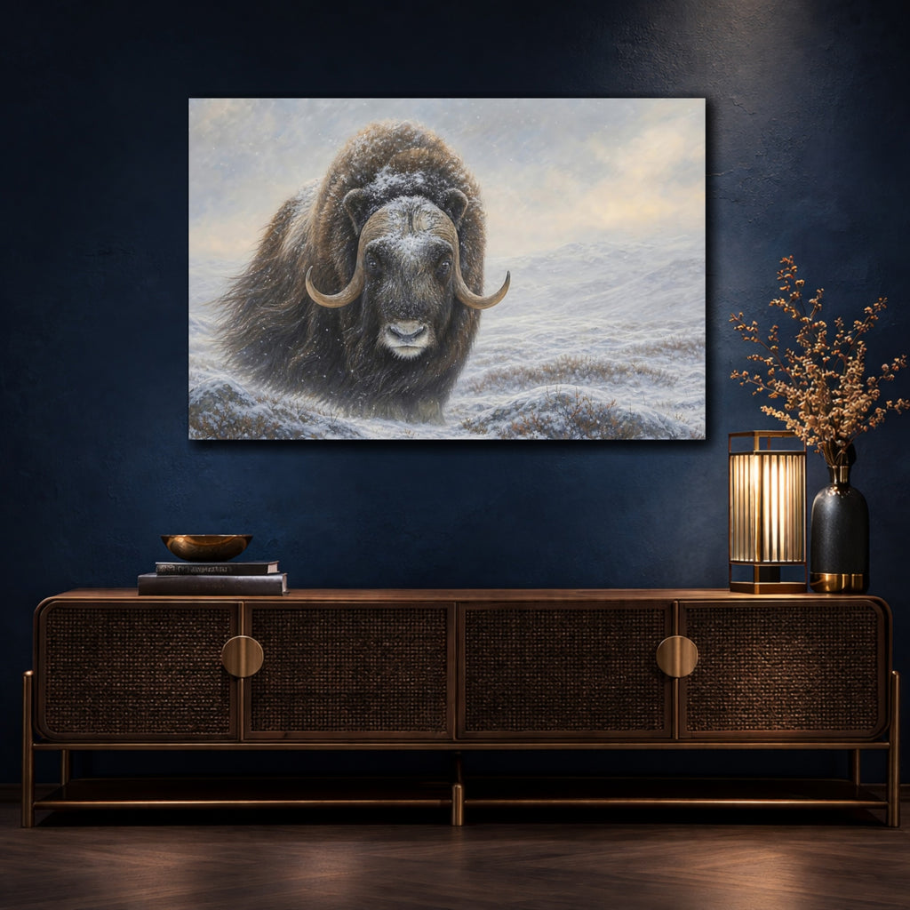 Mockup 4. Animals Musk Ox Brown Winter Animal shown as stretched canvas wall art
