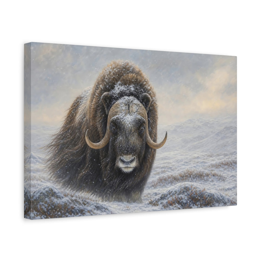 Side Mockup 4. Animals Musk Ox Brown Winter Animal shown as stretched canvas wall art