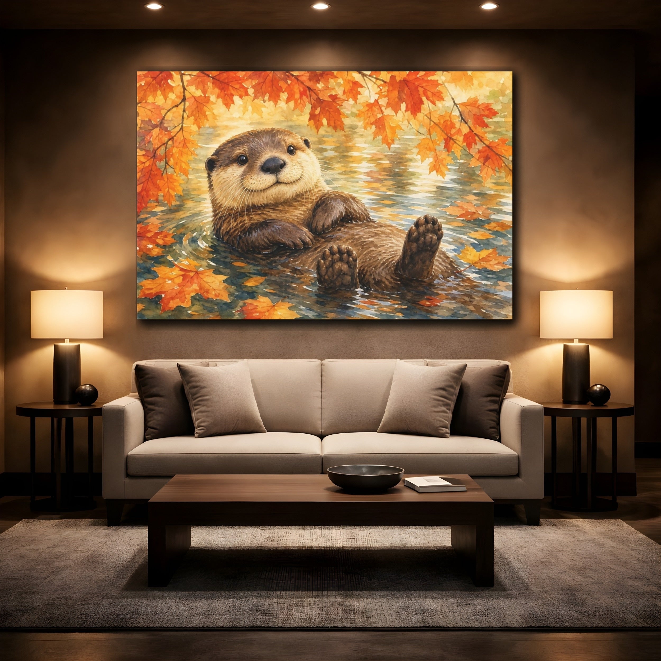 Mockup 2. Animals Otter Brown And Orange Otter shown as canvas print