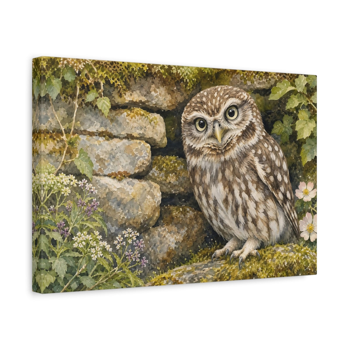 Side Mockup 4. Animals Owl Brown And Green shown as canvas print