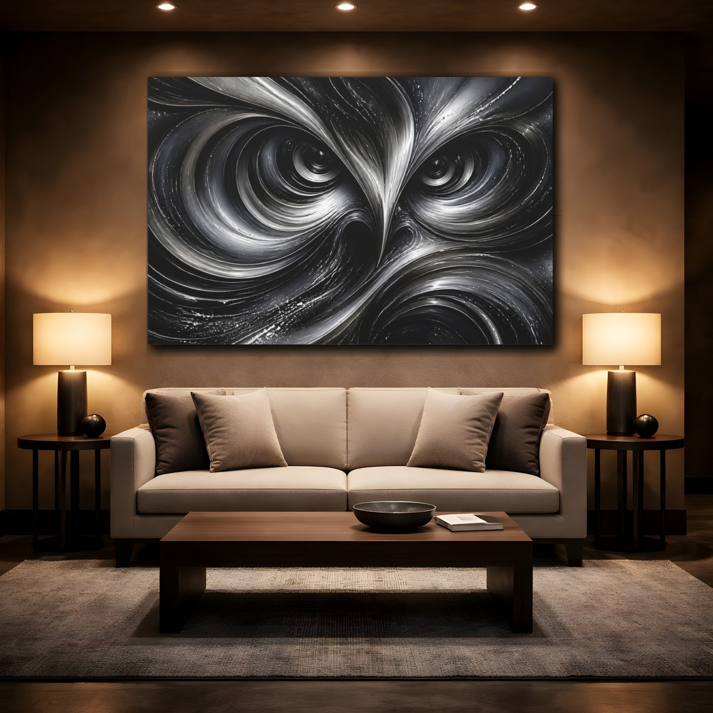 Mockup 2. Animals Owl Monochrome Owl shown as stretched canvas wall art