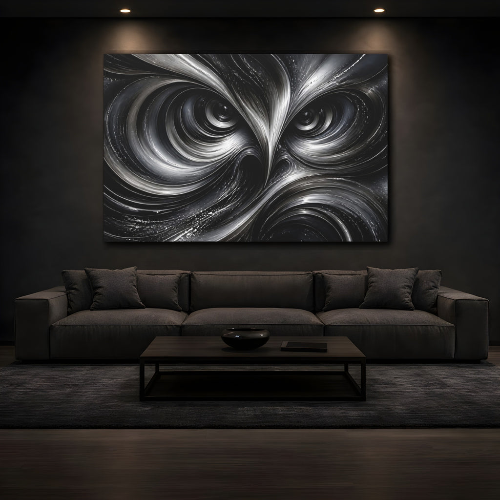 Mockup 3. Animals Owl Monochrome Owl shown as stretched canvas wall art