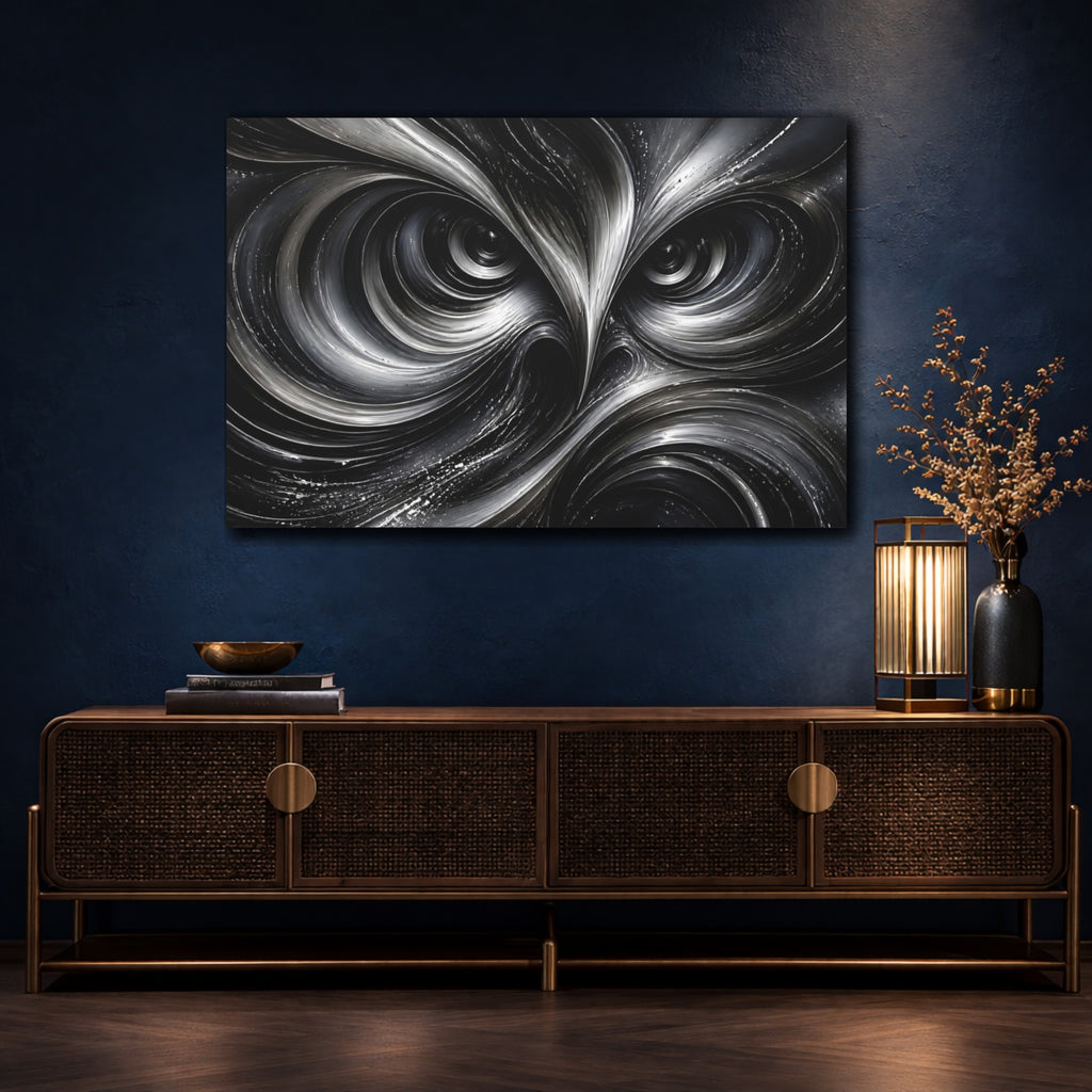 Mockup 4. Animals Owl Monochrome Owl shown as stretched canvas wall art