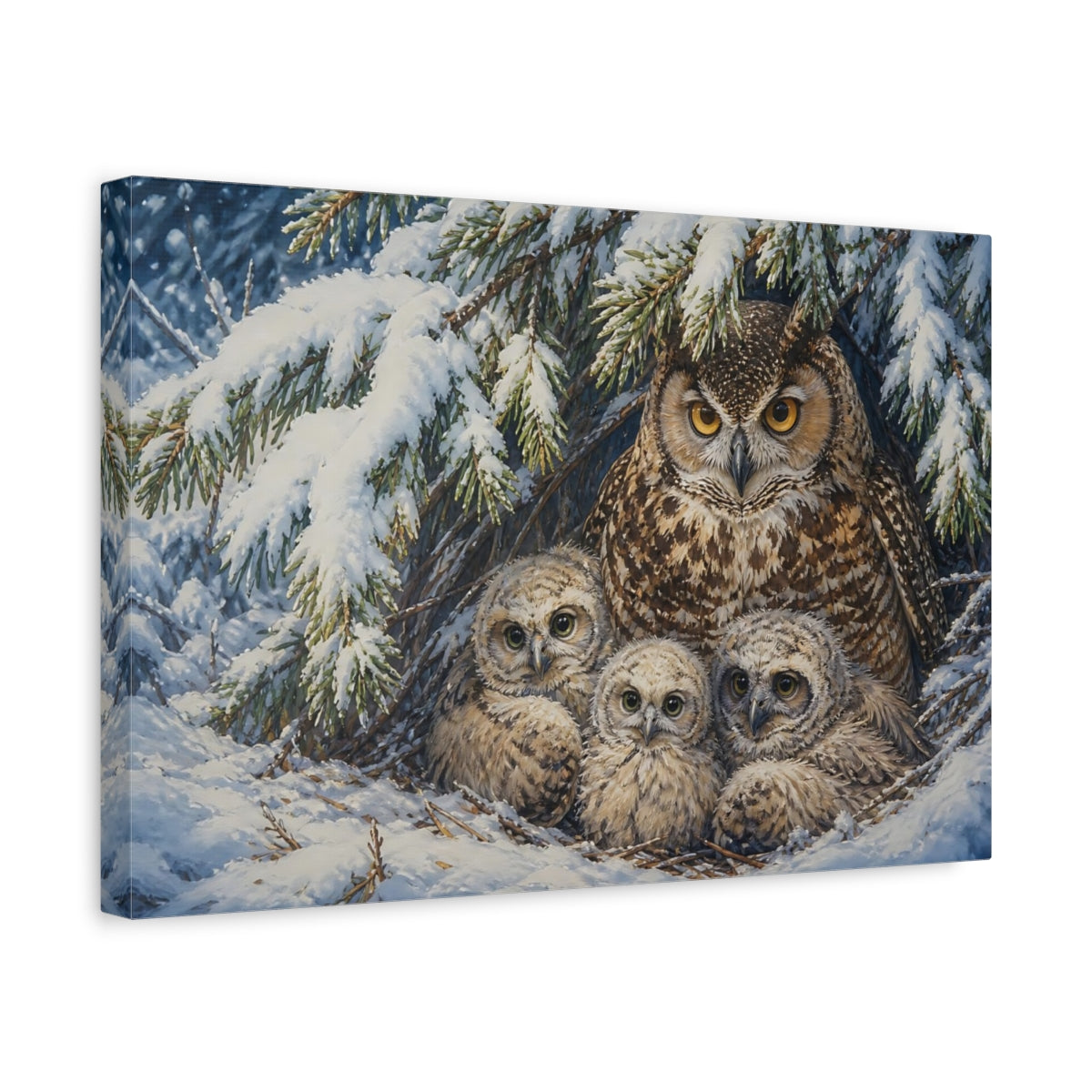 Side Mockup 4. Animals Owls Snowy Owls shown as canvas print