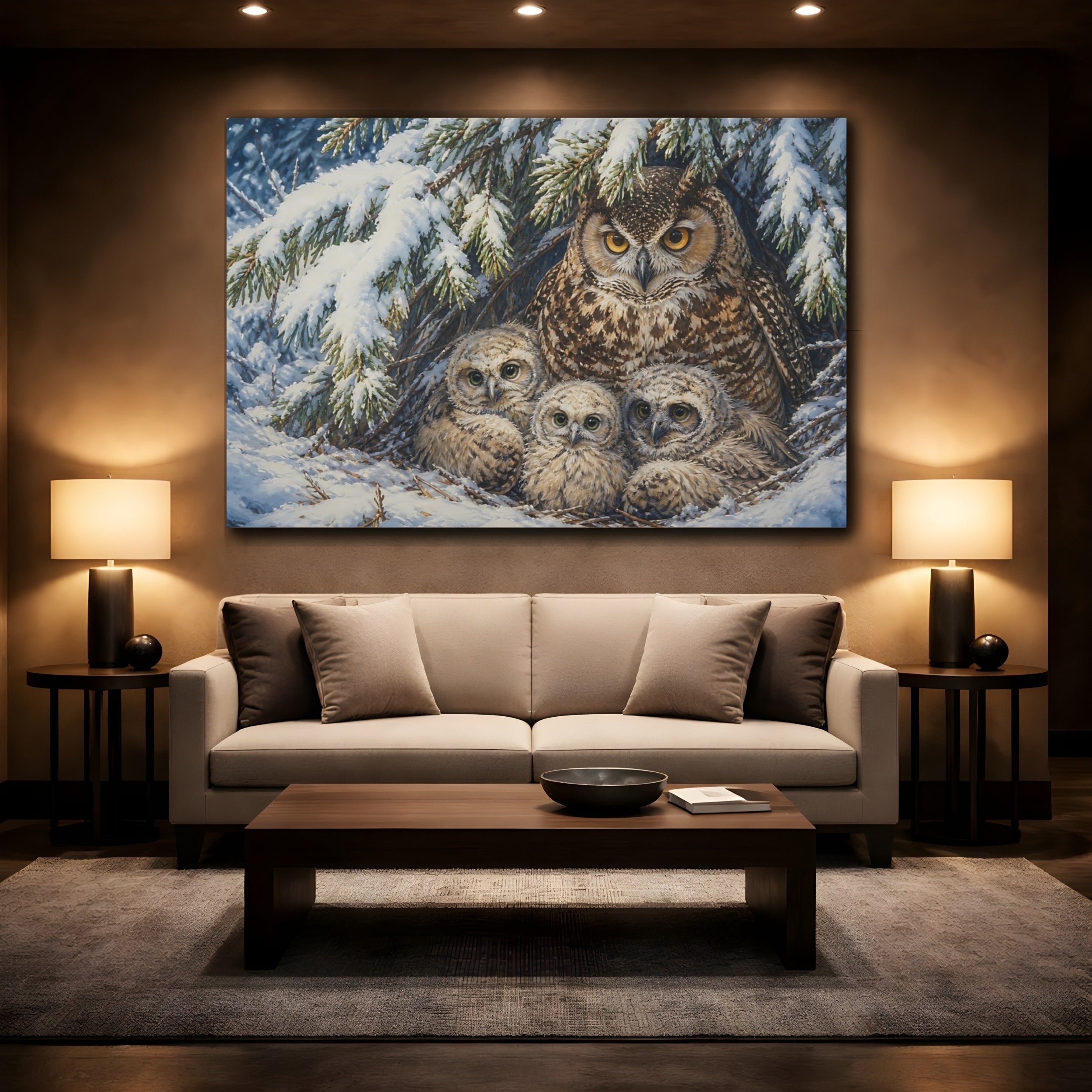 Mockup 2. Animals Owls Snowy Owls shown as canvas print