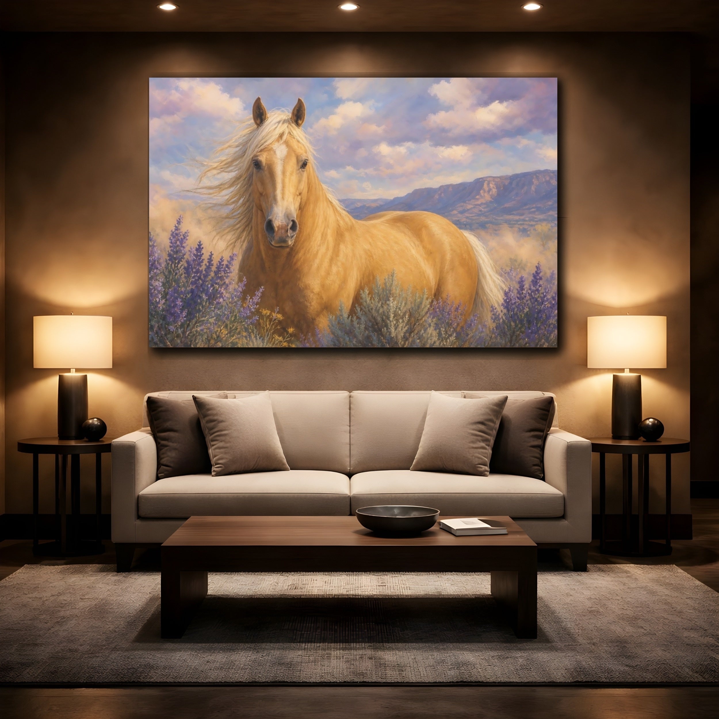 Mockup 2. Animals Palomino Horse Horse Lavender shown as canvas print