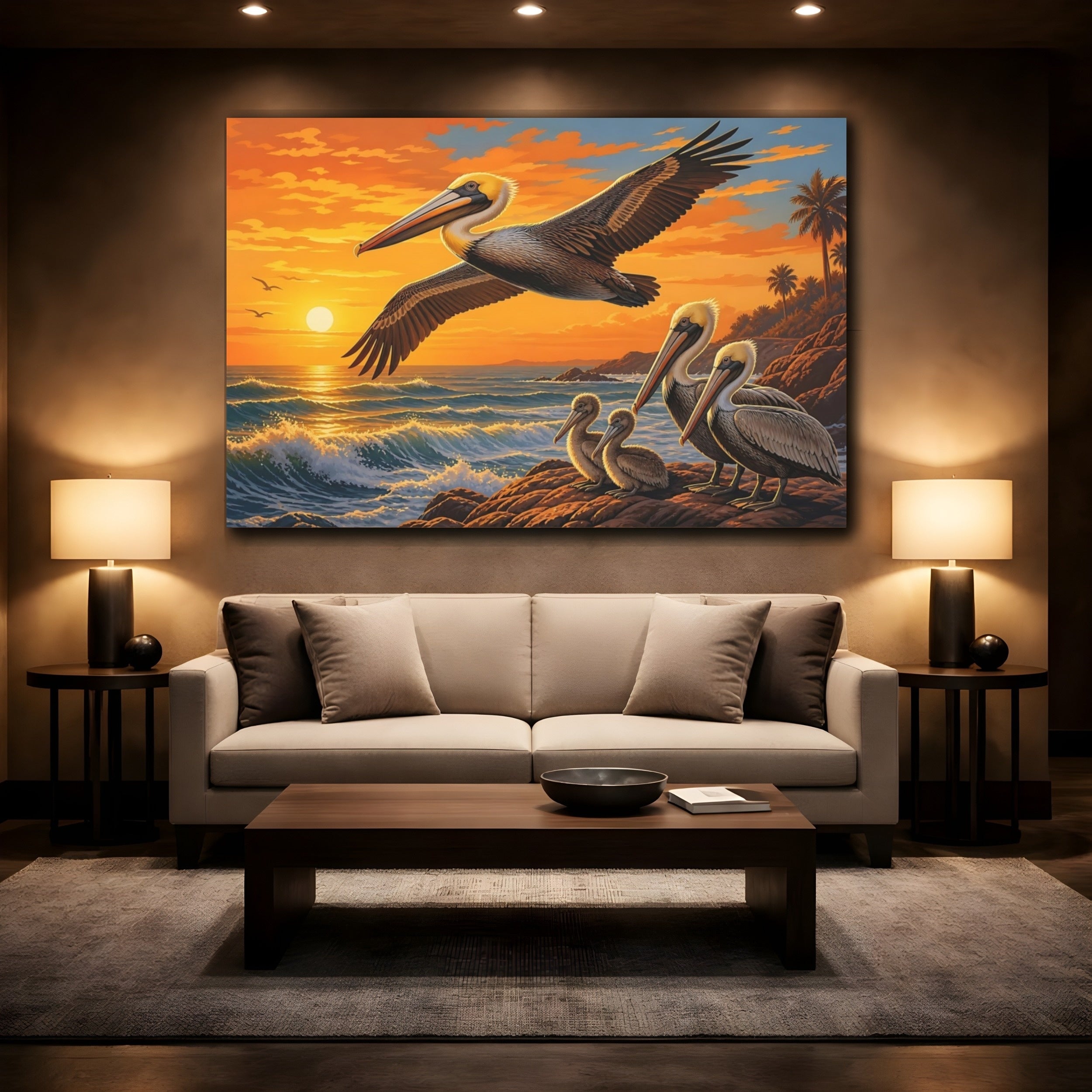 Mockup 2. Animals Pelicans Pelican Sunset shown as canvas print