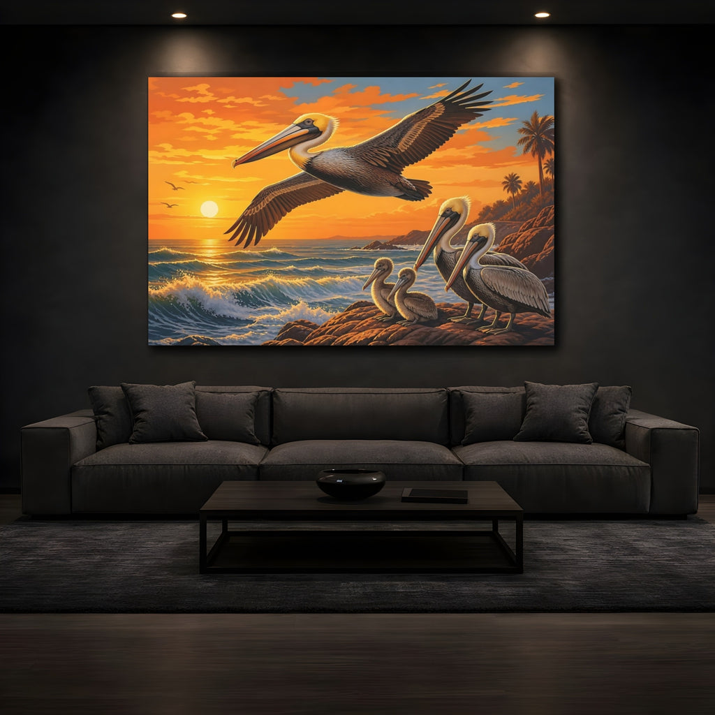 Mockup 3. Animals Pelicans Pelican Sunset shown as canvas print