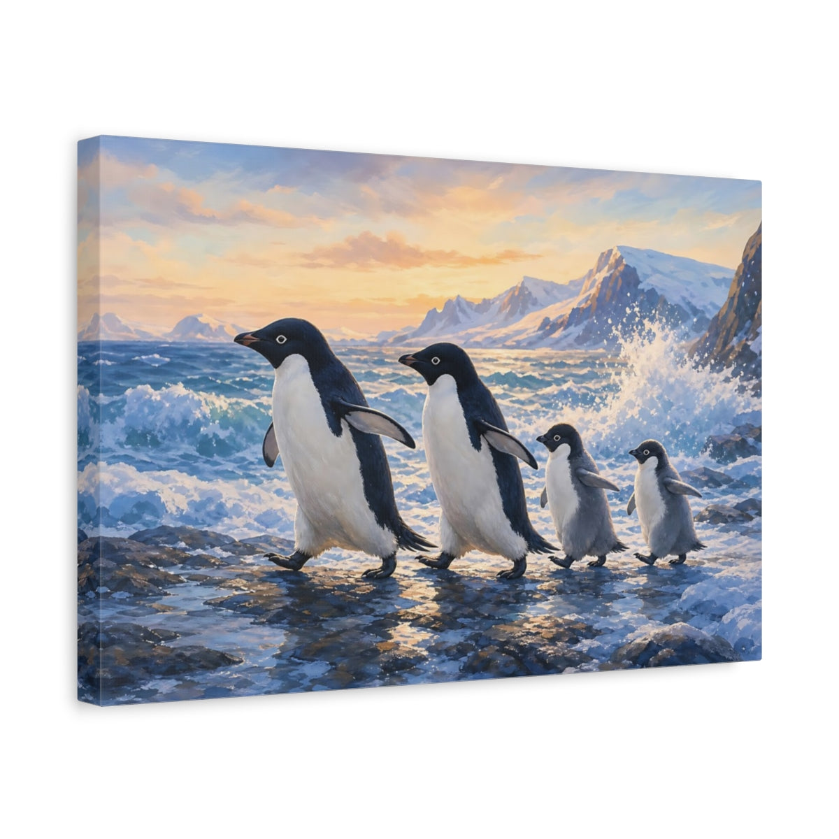 Side Mockup 4. Animals Penguin Family Penguins Arctic Sunset shown as canvas print