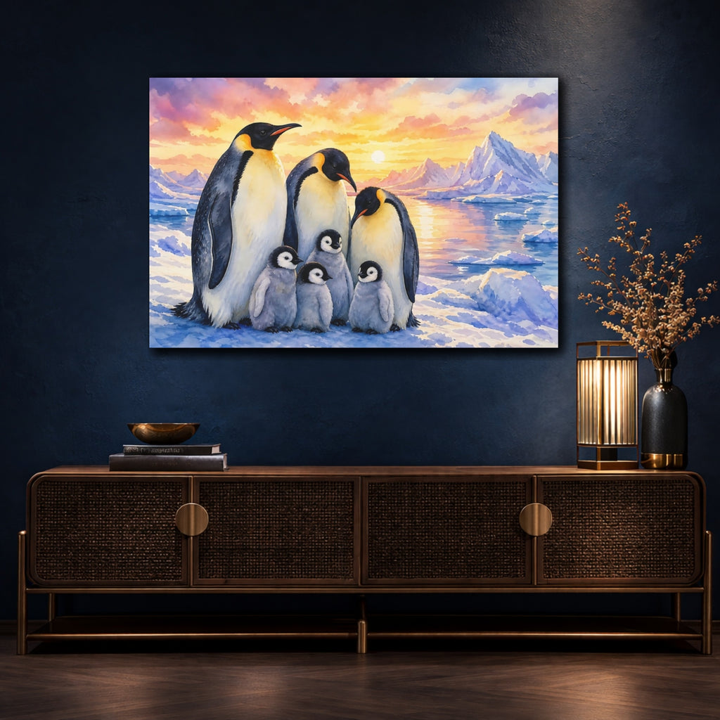 Mockup 4. Animals Penguin Family Penguin Sunset Watercolor shown as canvas print