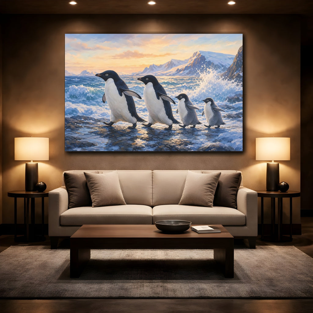 Mockup 2. Animals Penguin Family Penguins Arctic Sunset shown as canvas print