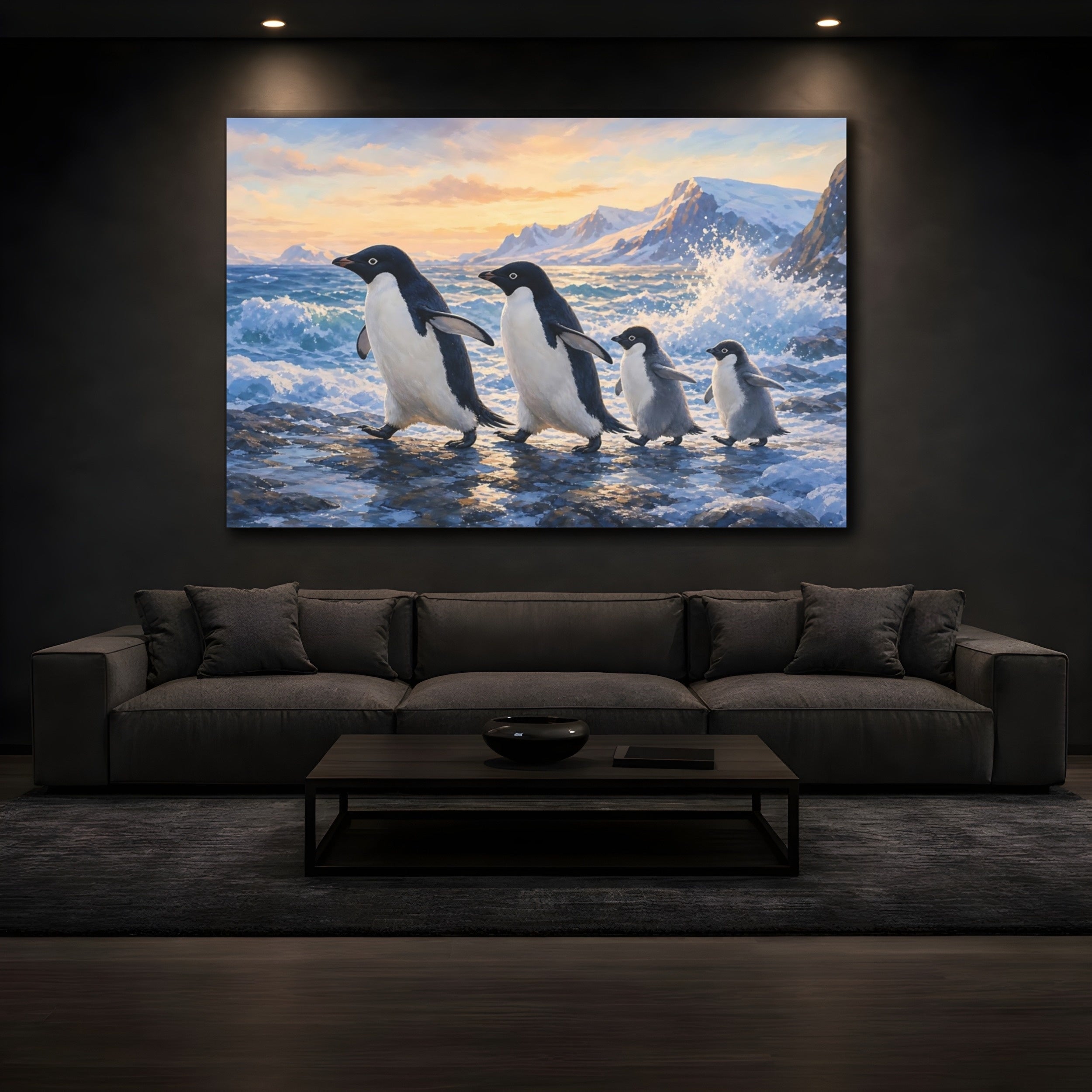 Mockup 3. Animals Penguin Family Penguins Arctic Sunset shown as canvas print