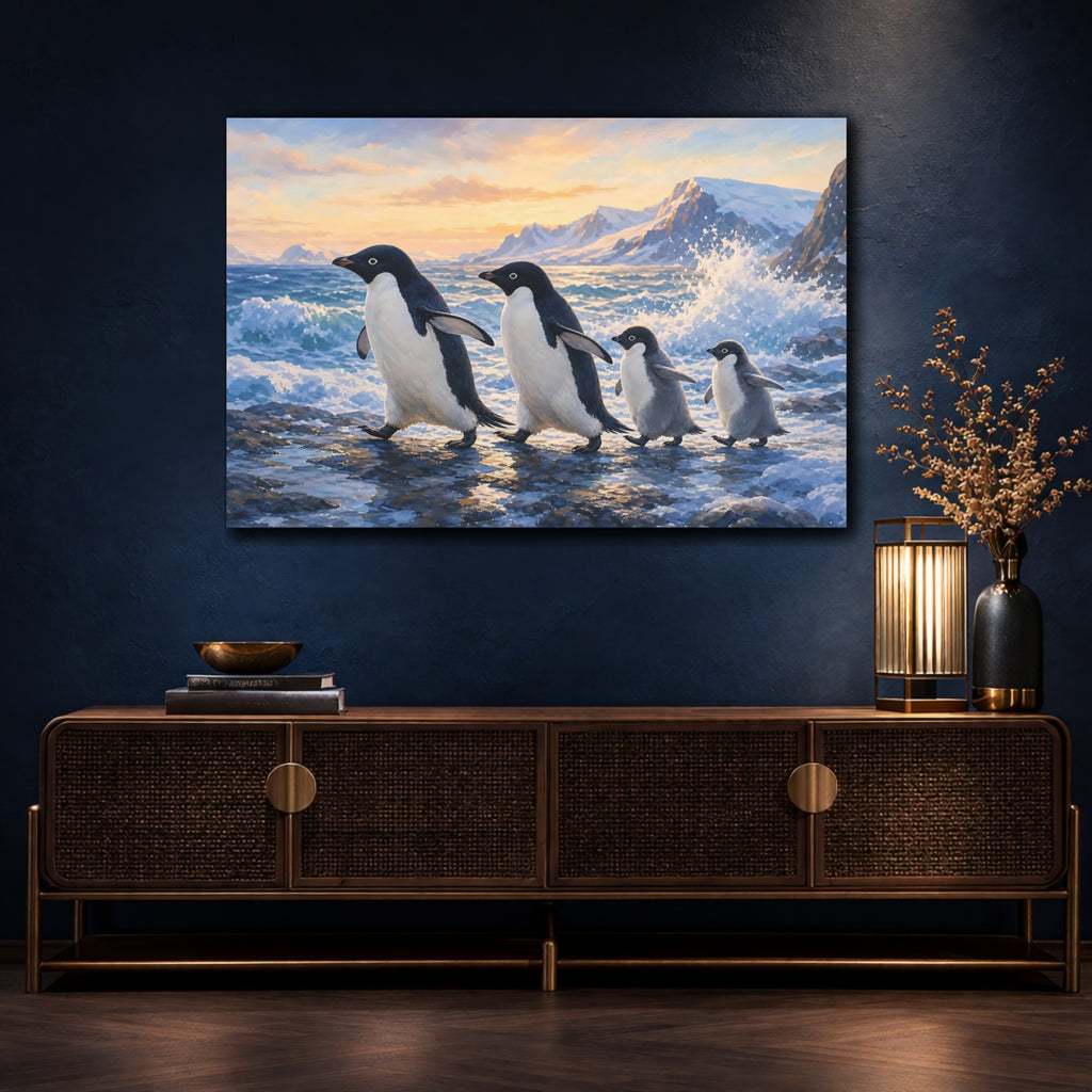 Mockup 4. Animals Penguin Family Penguins Arctic Sunset shown as canvas print