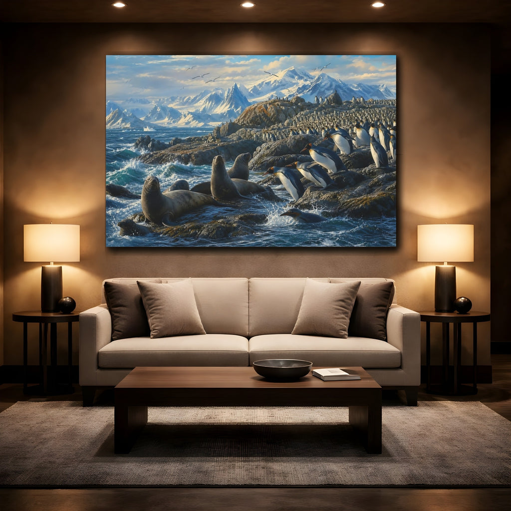 Mockup 2. Animals Penguins And Seals Blue And White Wildlife shown as stretched canvas wall art