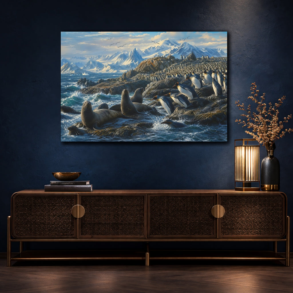 Mockup 4. Animals Penguins And Seals Blue And White Wildlife shown as stretched canvas wall art