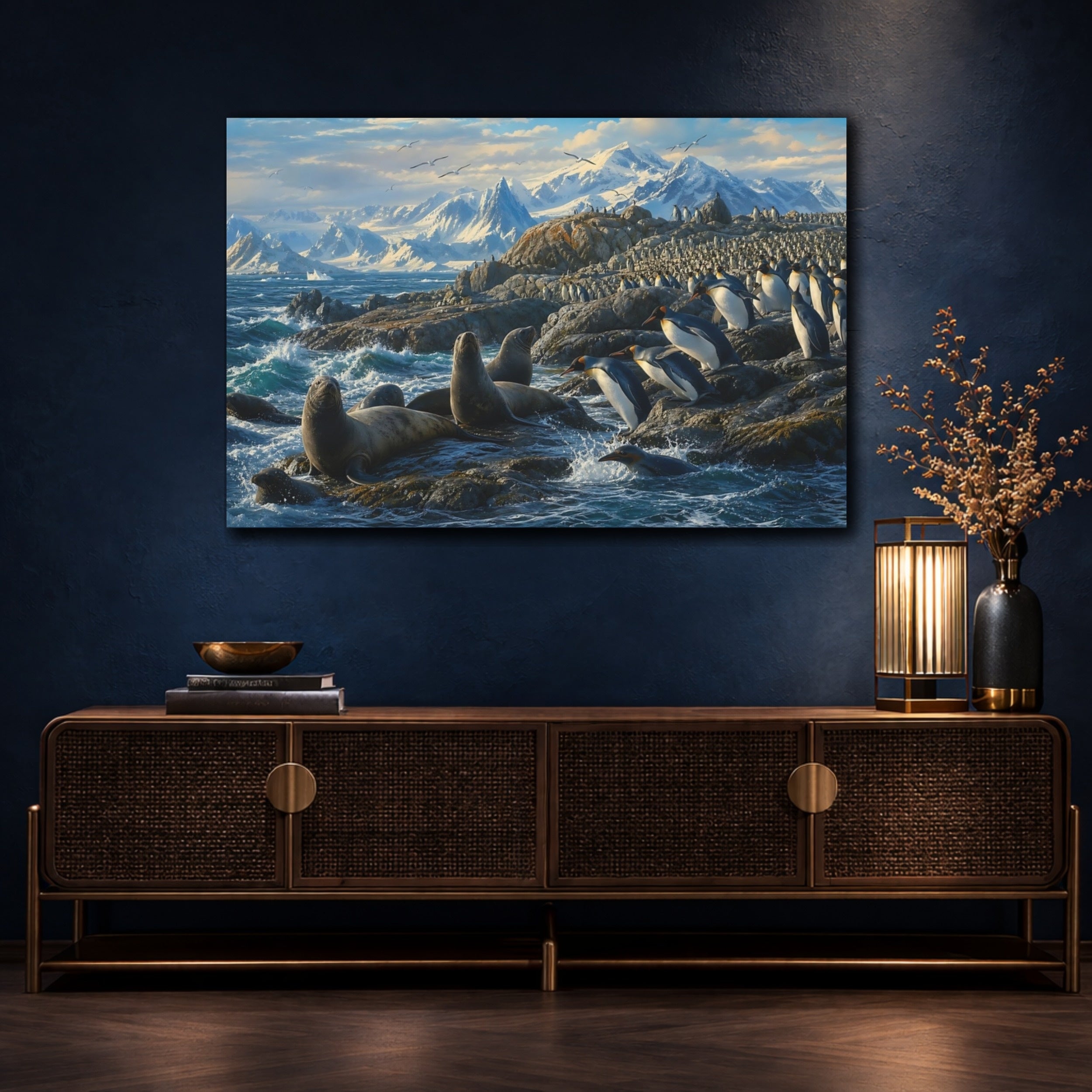 Mockup 4. Animals Penguins And Seals Blue And White Wildlife shown as stretched canvas wall art