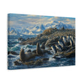 Side Mockup 4. Animals Penguins And Seals Blue And White Wildlife shown as stretched canvas wall art