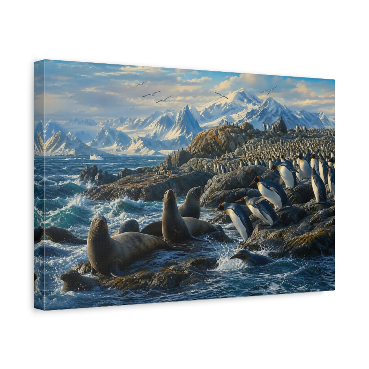 Side Mockup 4. Animals Penguins And Seals Blue And White Wildlife shown as stretched canvas wall art