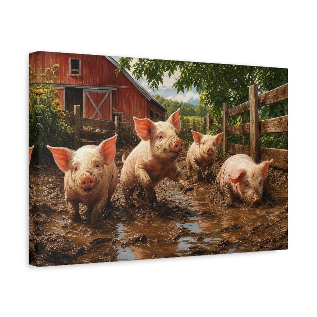 Side Mockup 4. Animals Pigs Muddy Pigs shown as stretched canvas wall art
