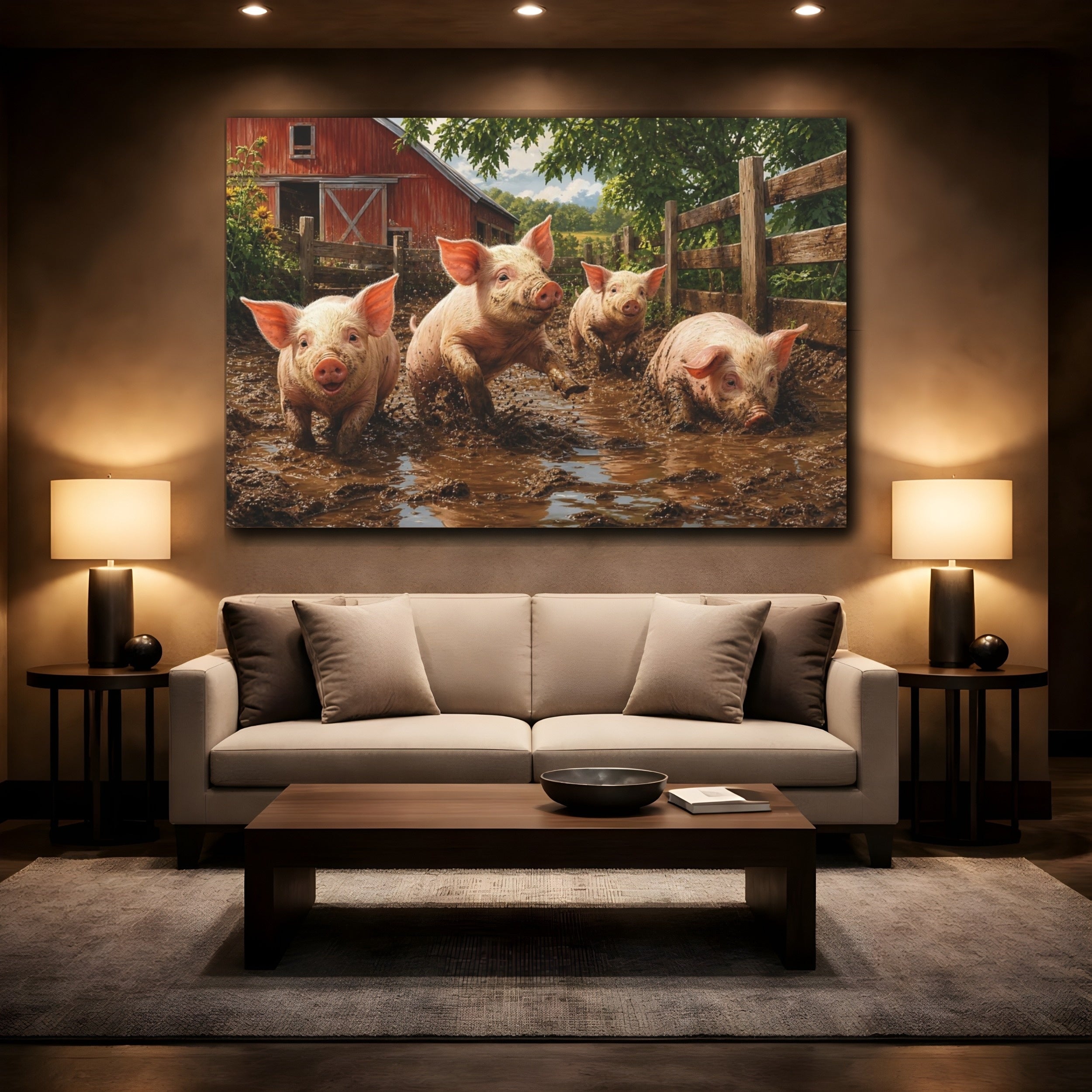 Mockup 2. Animals Pigs Muddy Pigs shown as stretched canvas wall art
