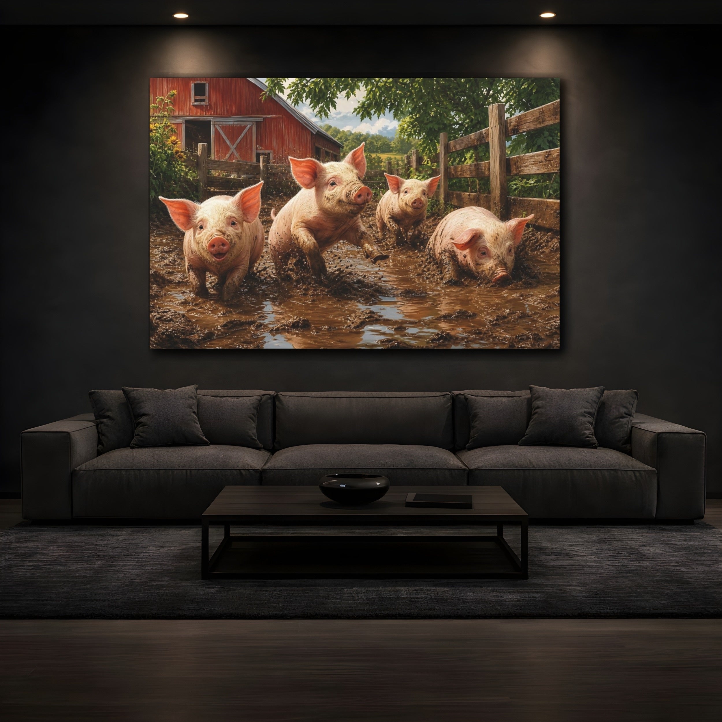 Mockup 3. Animals Pigs Muddy Pigs shown as stretched canvas wall art