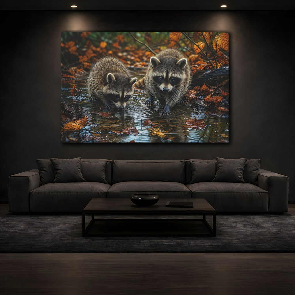 Mockup 3. Animals Raccoons Brown Raccoons shown as stretched canvas wall art