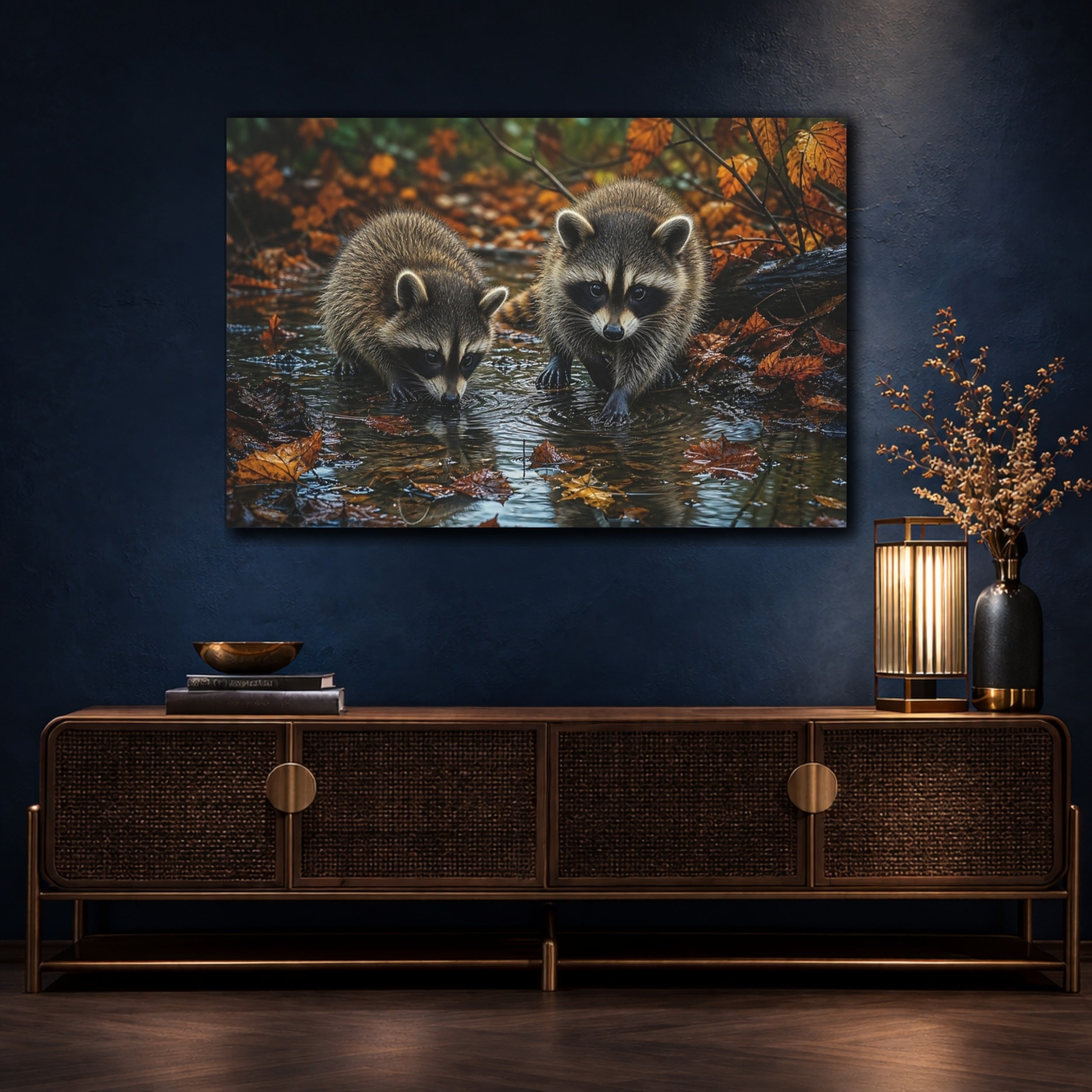 Mockup 4. Animals Raccoons Brown Raccoons shown as stretched canvas wall art