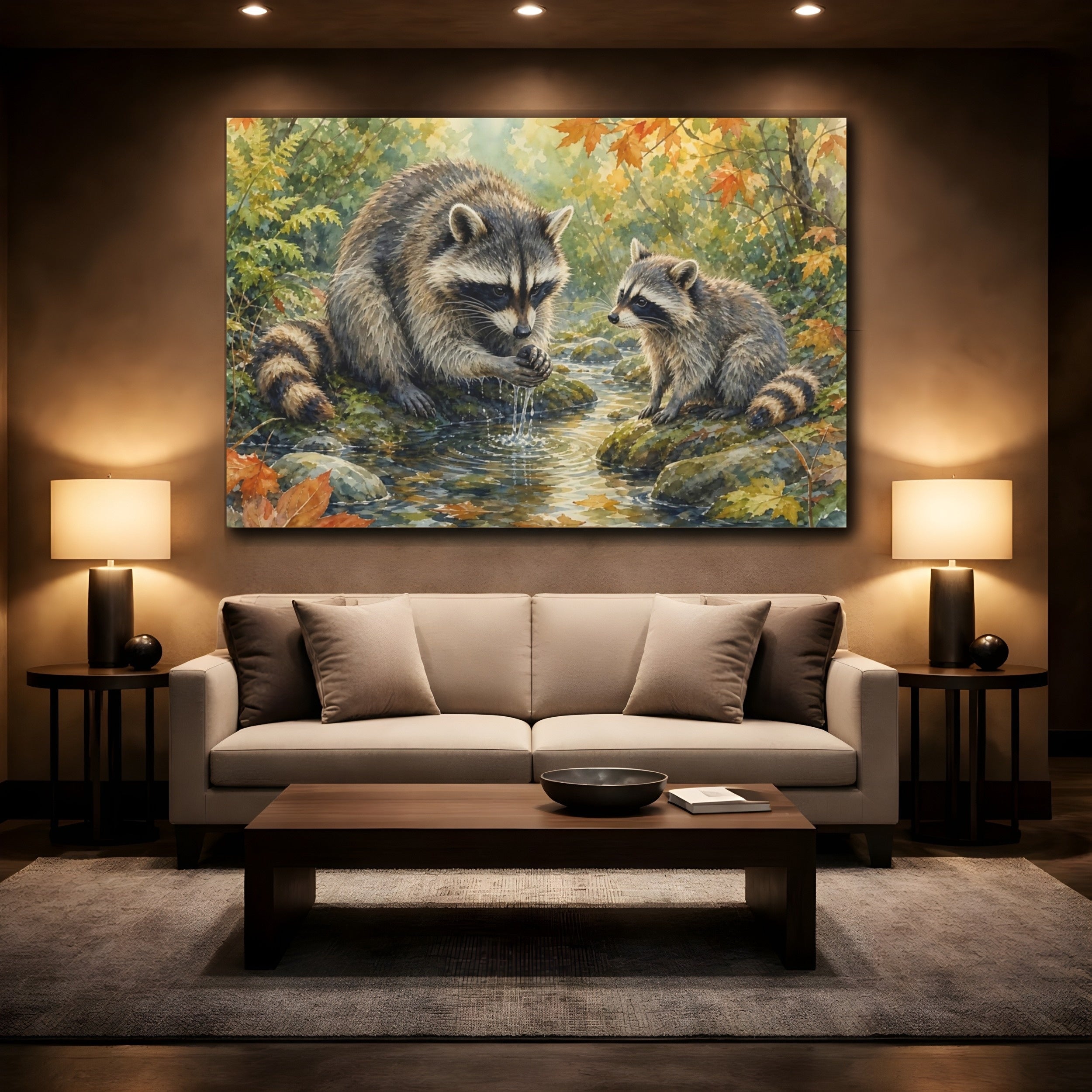 Mockup 2. Animals Raccoons Raccoon Woodland shown as canvas print
