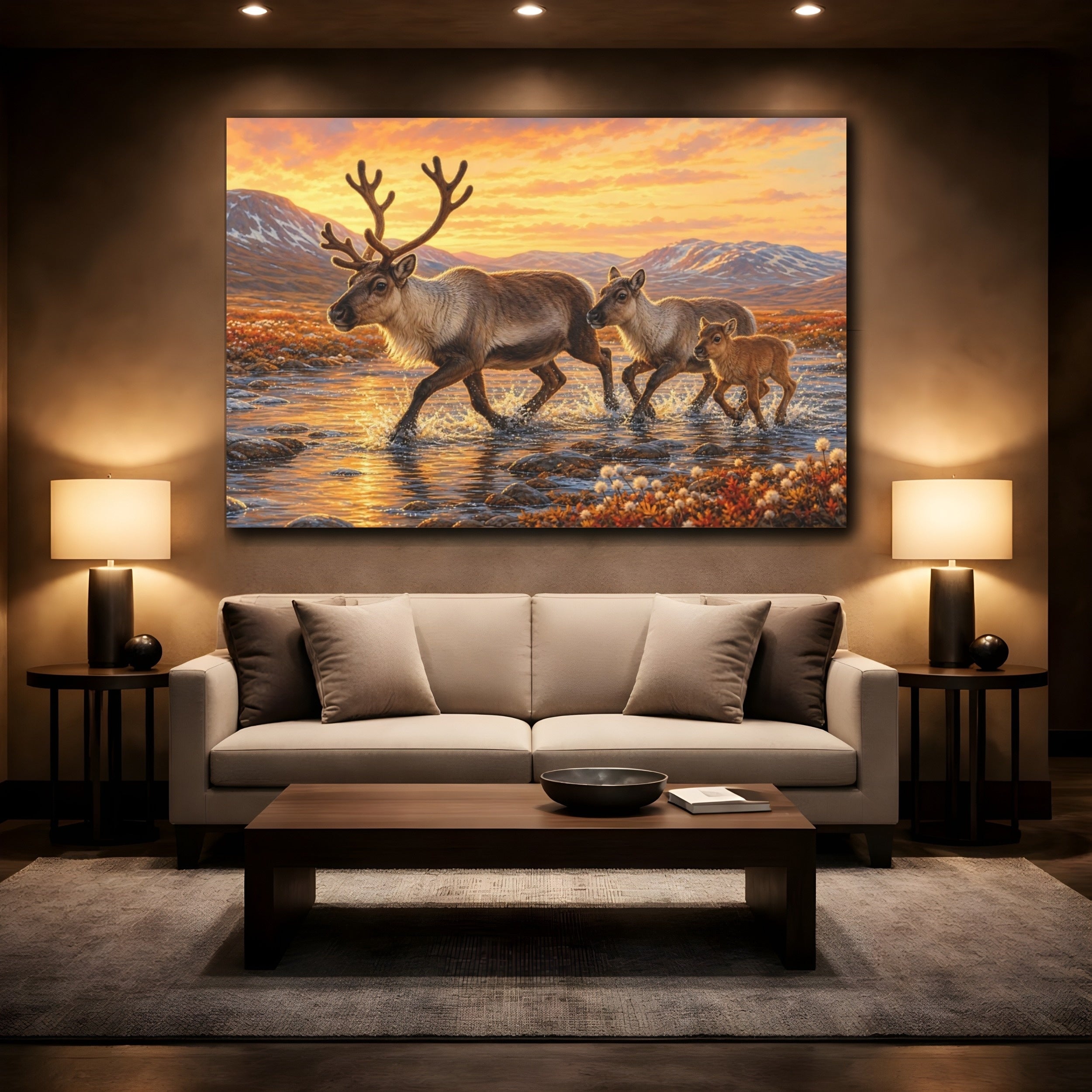 Mockup 2. Animals Reindeer Family Reindeer Family Sunset shown as canvas print