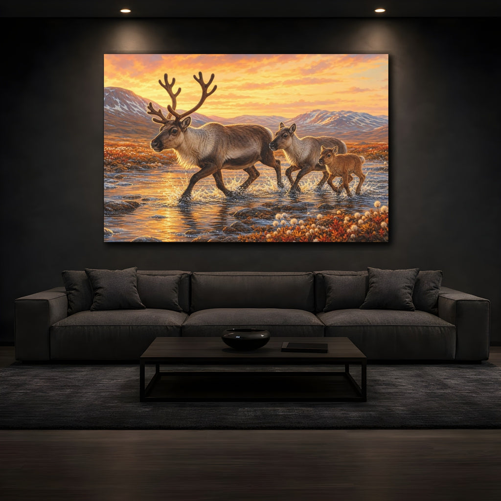 Mockup 3. Animals Reindeer Family Reindeer Family Sunset shown as canvas print