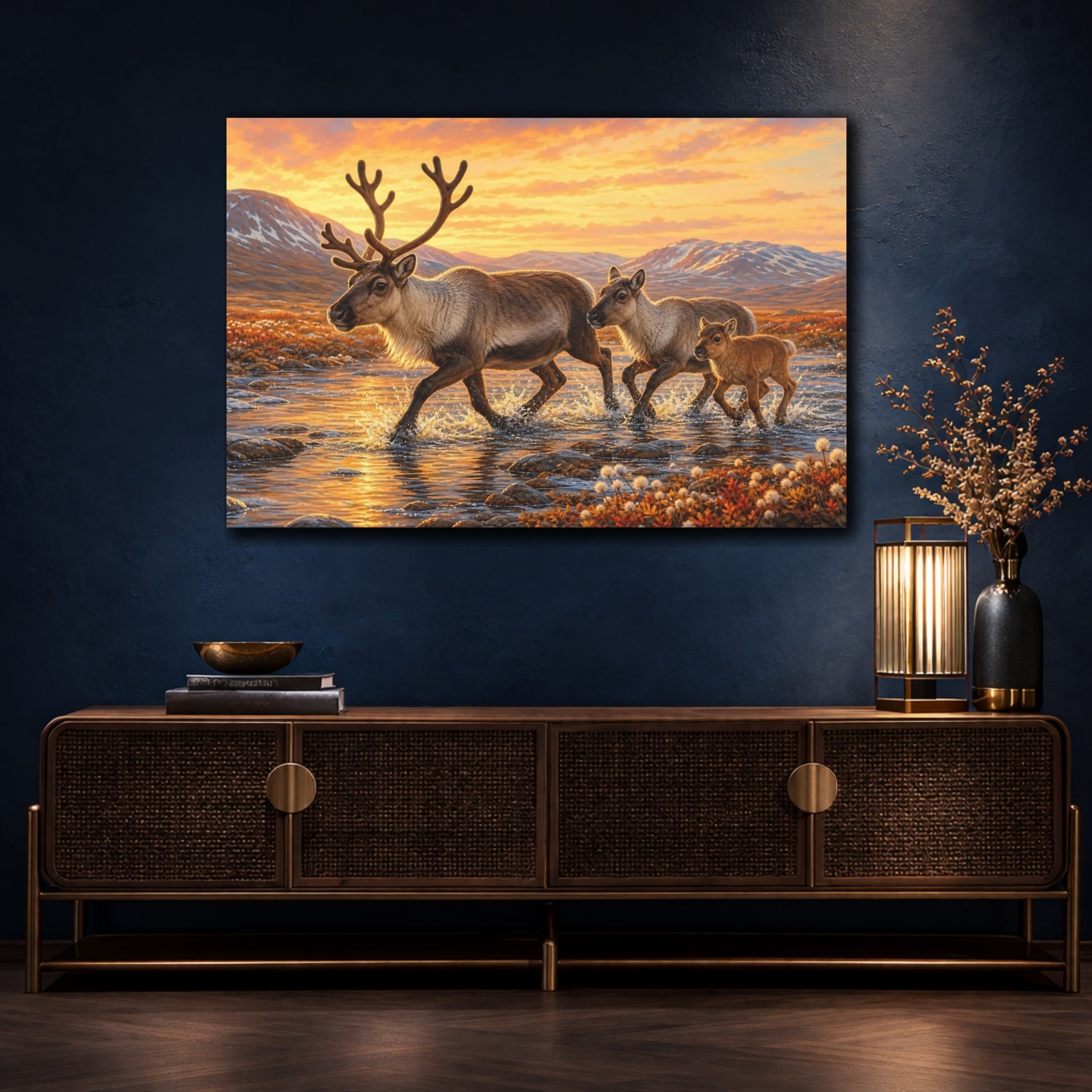 Mockup 4. Animals Reindeer Family Reindeer Family Sunset shown as canvas print