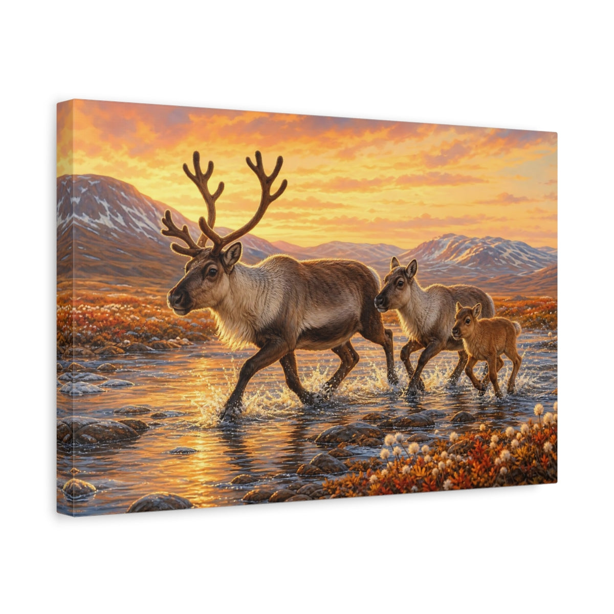 Side Mockup 4. Animals Reindeer Family Reindeer Family Sunset shown as canvas print