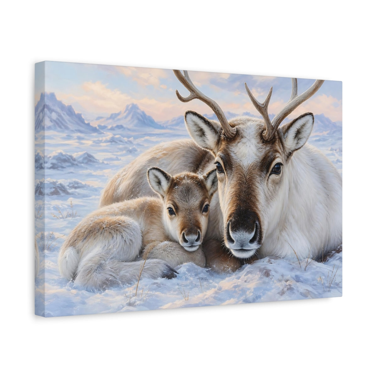 Side Mockup 4. Animals Reindeer Family Winter Reindeer shown as stretched canvas wall art