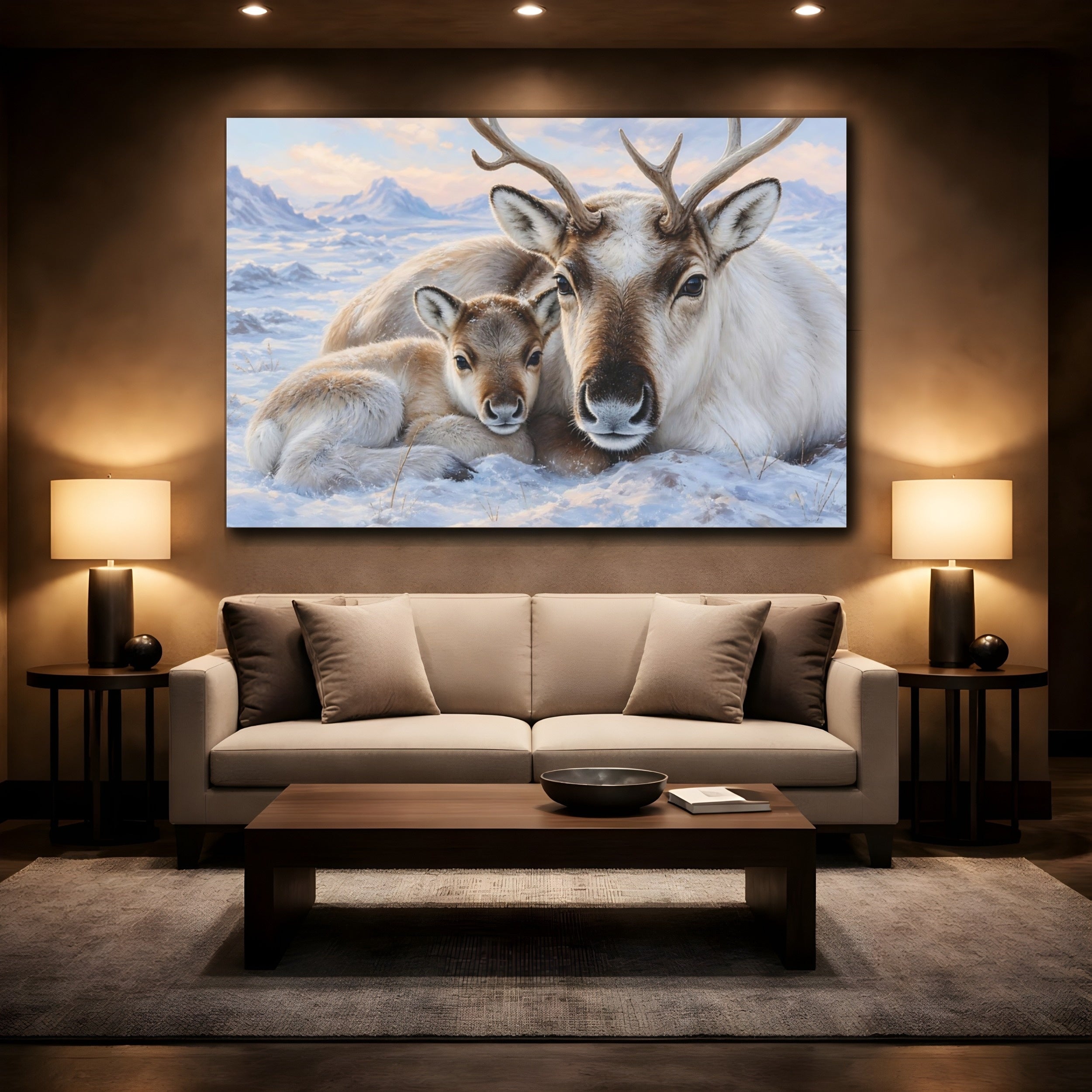 Mockup 2. Animals Reindeer Family Winter Reindeer shown as stretched canvas wall art
