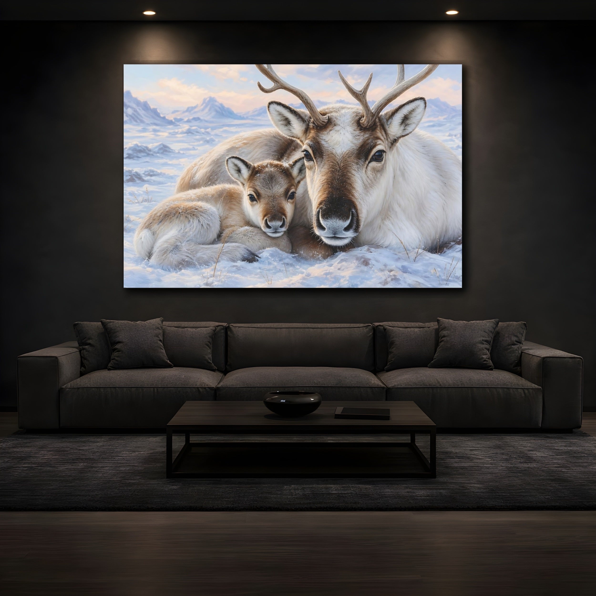 Mockup 3. Animals Reindeer Family Winter Reindeer shown as stretched canvas wall art